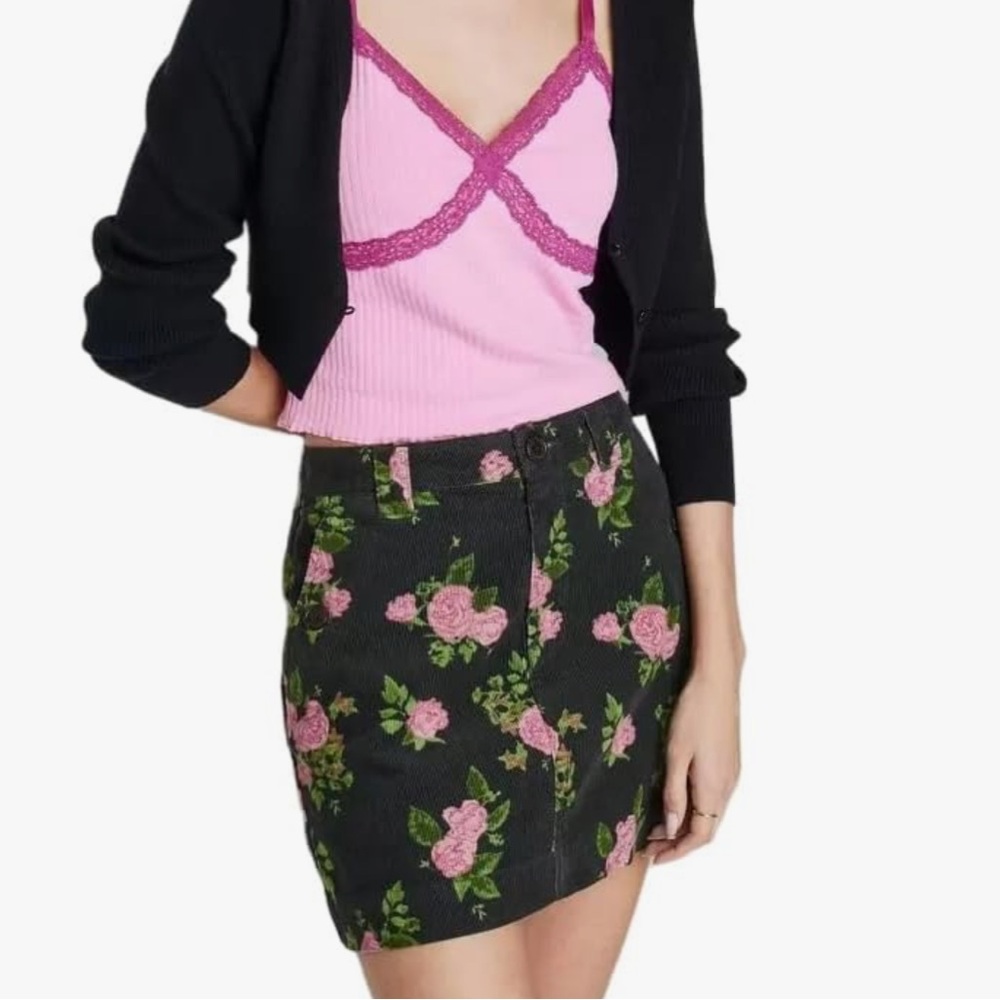 NWT Women's High-Rise Cord Mini Skirt - Wild Fable Black Floral